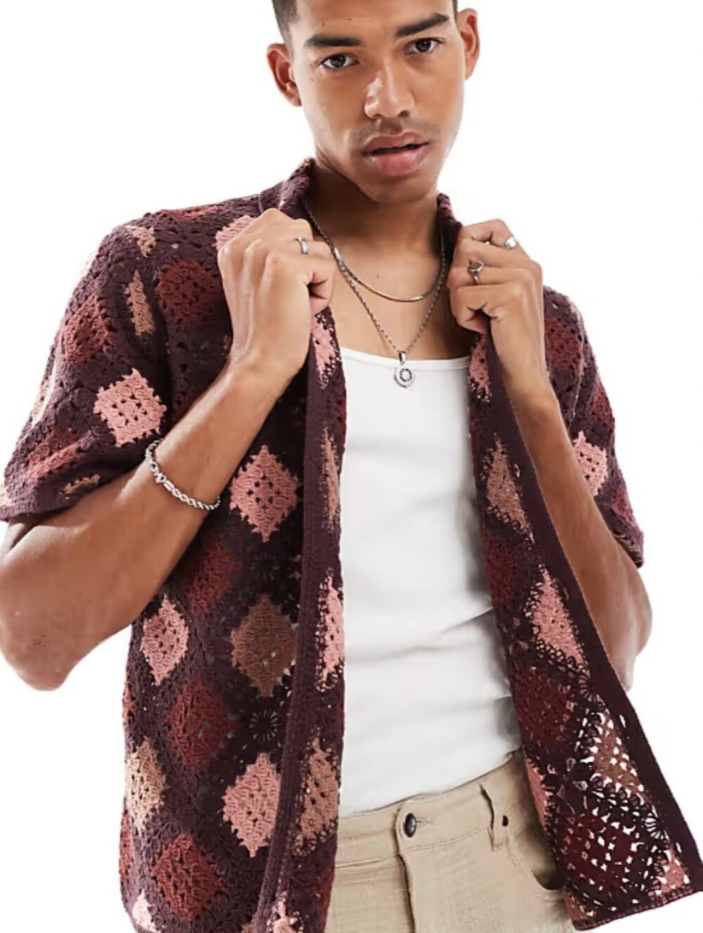 Abercrombie & Fitch Mens Crochet Button Up Shirt Brown Diamond Knit Medium NWT